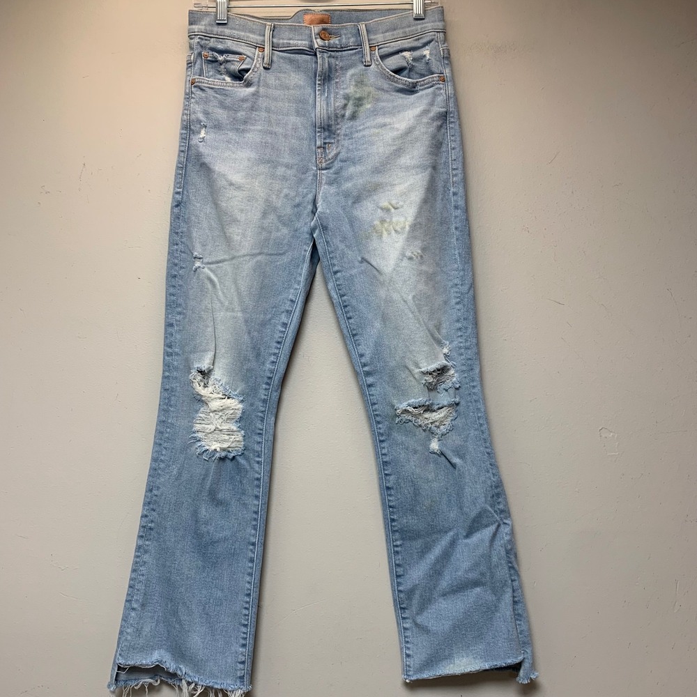 Mother Jeans Women 29 Light Blue Good Distressed Raw Hem Straight Leg High Rise